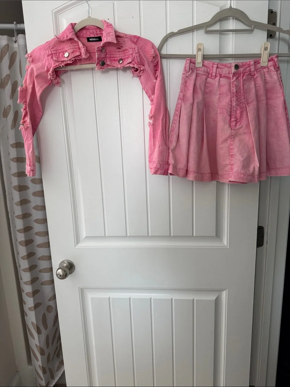 Girls Pink Distressed Denim Jacket and Pleated Skirt Set